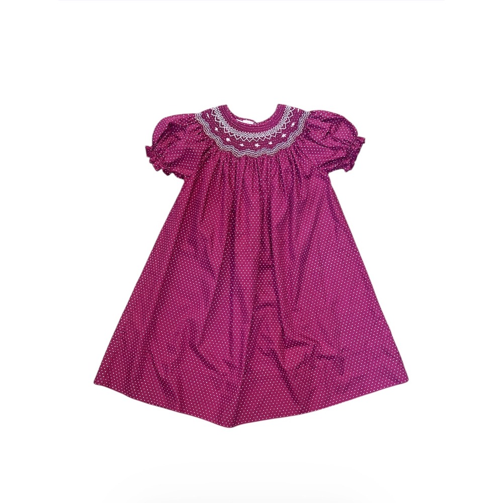 Rosalina Collections Girls Smocked Polka Dot Bishop Dress Magenta Purple Size 7